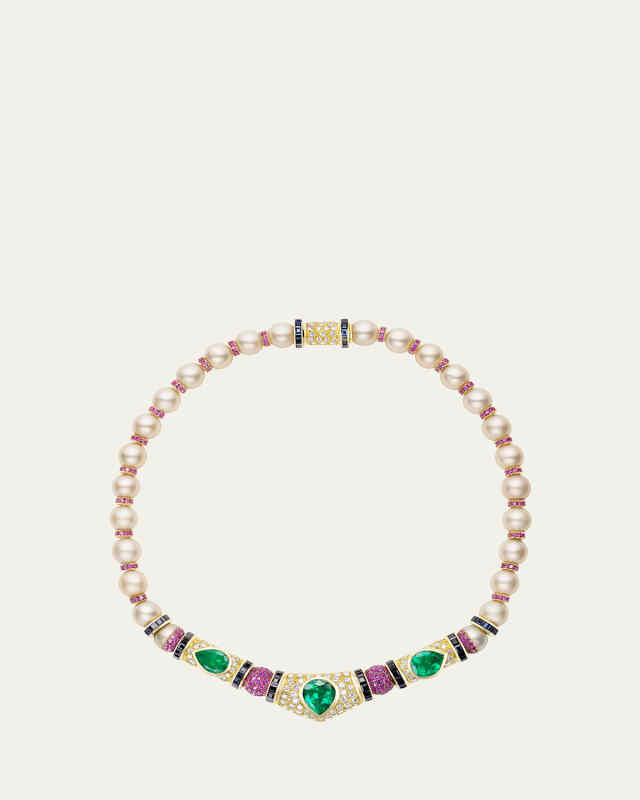 18K Yellow Gold Re-Worked Vintage Necklace with Pearls, Diamonds, Emeralds and Sapphires